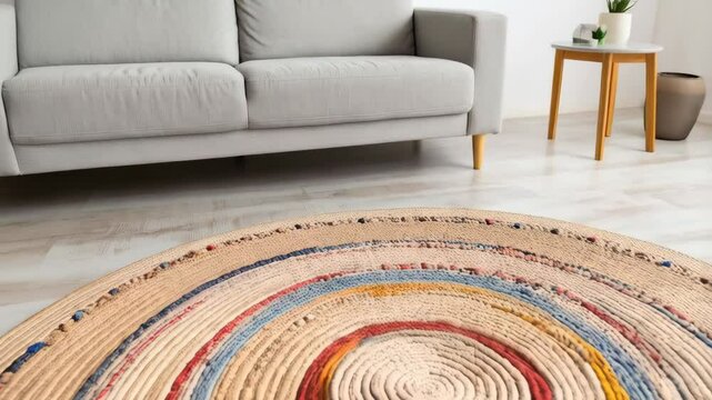 Beige and colorful handwoven braided rug in a minimalist interior with a couch and a small table with a plant in a white pot
