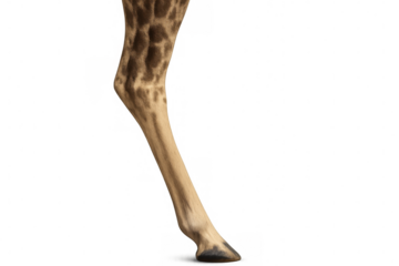 Giraffe leg striding, revealing distinctive spotted coat and muscular stride against clean backdrop