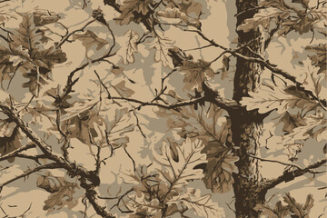 A seamless pattern of camouflage camo with oak tree branches and leaves, earth tones with green color background, perfect for hunting attire or outdoor gear. © Adil Rasheed