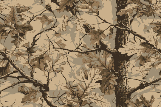 A seamless pattern of camouflage camo with oak tree branches and leaves, earth tones with green color background, perfect for hunting attire or outdoor gear.