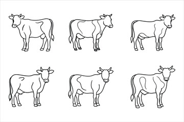 Fototapeta premium Six Black and White Cow Illustrations Line Art cows