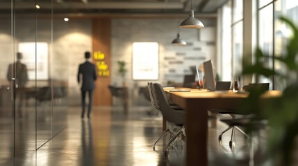 Business meeting room interior with modern furniture and blurred group of diverse professionals having discussion in corporate office environment





