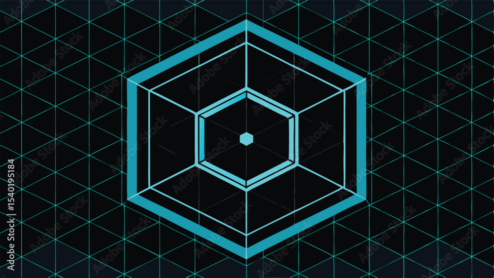 Poster abstract 3d hexagonal grid design with glowing blue lines on transparent background