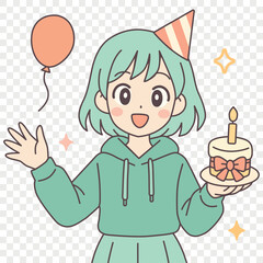 Anime girl celebrating birthday with cake and balloon. Ideal for greeting cards, kids’ content, party invitations, cheerful festive designs. Simple flat vector illustration on transparent background