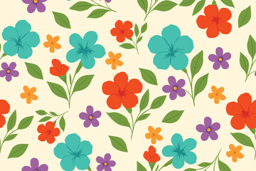 Colorful floral seamless pattern featuring teal, red, orange, and purple flowers with green leaves on a cream background. Ideal for fabric, wallpaper, and wrapping paper.