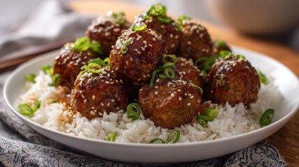 Sticky Pineapple Soy Meatballs served on a platter with rice, garnished with sesame seeds and green onions