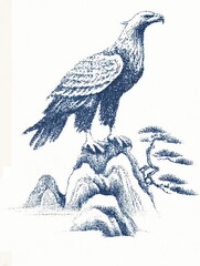 Fototapeta premium Majestic Eagle Perched on Rocky Outcrop with Bonsai Pine Tree Against Stylized Mountain in Detailed Blue Pen-and-Ink Drawing Artwork