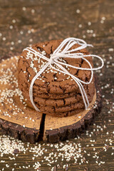 cookies with chocolate flavor, biscuits with cocoa and sesame, cookies are tied with rope