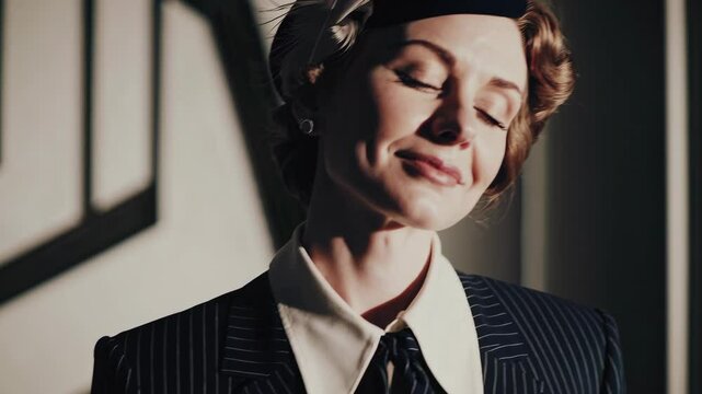 a cinematic portrait of a noble 1940s woman resembling Ingrid Bergman, wearing an elegant vintage hat and a classic tailored suit