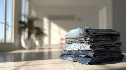 stack of blue jeans, placed on a table in a beautiful and clean room