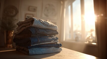 stack of blue jeans, placed on a table in a beautiful and clean room