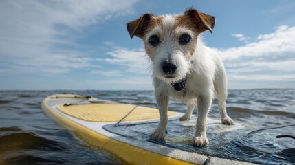 jack russel dog puppy stands on a standup paddle board SUP