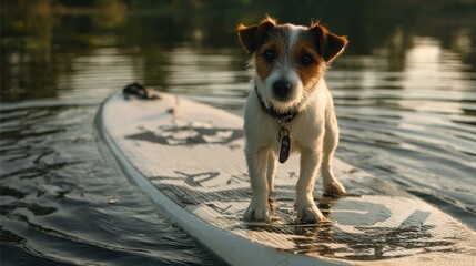 jack russel dog puppy stands on a standup paddle board SUP