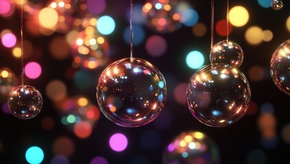 Shiny, reflective orbs hang amidst vibrant, colorful bokeh