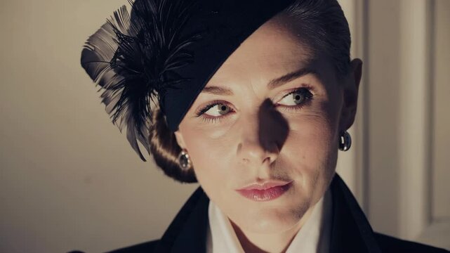 a cinematic portrait of a noble 1940s woman resembling Ingrid Bergman, wearing an elegant vintage hat and a classic tailored suit