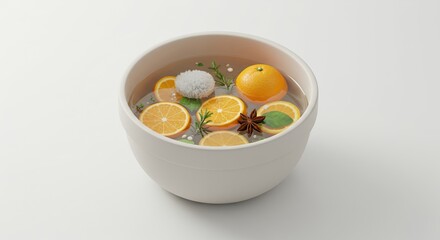 Refreshing Citrus Infusion in White Bowl with Orange Slices and Herbs High Angle Studio Shot