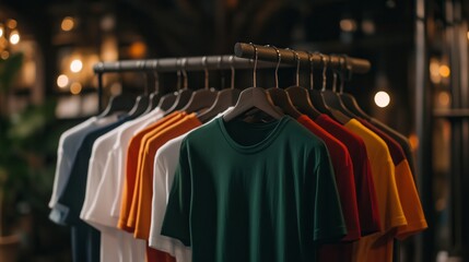 Colorful display of t-shirts in a boutique during evening hours, showcasing casual fashion styles for shoppers