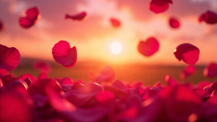 Falling rose petals with romantic mood on sunset backdrop in golden hour