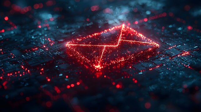 Glowing email icon in a virtual cyberspace landscape