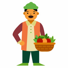 Vector art of a South Asian male farmer holding a basket of fresh vegetables, wearing traditional dress and a smile, standing in a field, vector art, white background