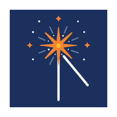 Vector illustration of a sparkler against a dark blue night sky with stars and sparkles