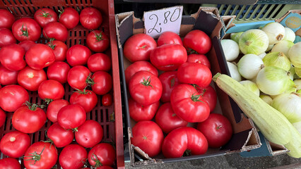 Assorted heirloom and traditional tomatoes and fresh onions displayed in crates at a local farmers market