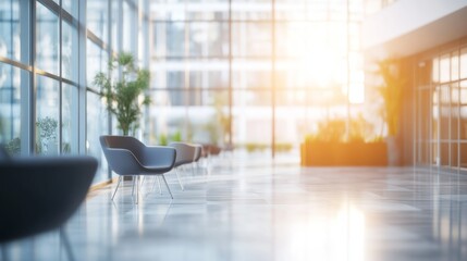 Modern bright office interior with large panoramic windows, soft natural lighting, and minimal contemporary furnishings in a blurred background setting for business, corporate, or workspace themes



