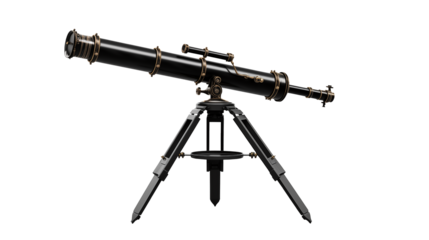 Elegant Black and Gold Telescope on Tripod, perfect for science, astronomy, or nautical themed designs.
