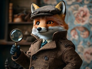 A cunning fox detective in a classic uniform inspects the scene with a magnifying glass