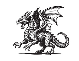 Roaring dragon with wings spread in dynamic pose, black and white engraving style, fierce mythical beast perfect for fantasy prints and tattoos.