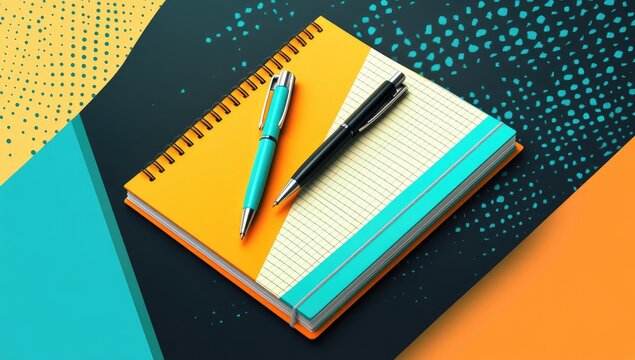 Open spiral-bound notebook with pens, vibrant colors
