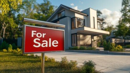 Modern estate featuring a for sale sign in a residential neighborhood surrounded by greenery