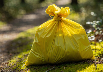 yellow garbage bag filled with waste sitting on a mossy forest floor amidst natural greenery and sunlight highlighting the importance of waste management
