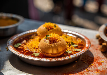 delicious street food platter featuring two crispy golgappa filled with spicy water, garnished with cheese and herbs, served in a festive setting