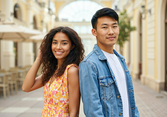 young man and woman smiling back-to-back in a stylish urban setting with outdoor cafe furniture and bright architecture in a lively atmosphere