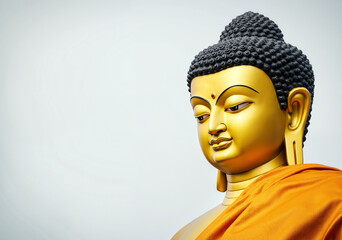 buddha statue with golden finish and orange robe, symbolizing peace and spirituality against a serene background