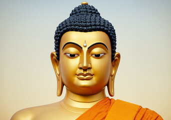golden buddha statue with serene expression wearing orange robe against a clear sky highlight cultural symbolism and spiritual tranquility