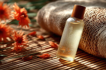 Spa Wellness Aromatic Essential Oil Bottle on Bamboo Mat with Towel and Flowers