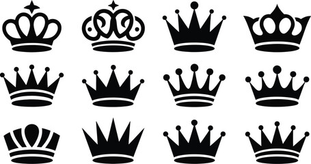 Twelve black crown silhouettes arranged on a light gray background