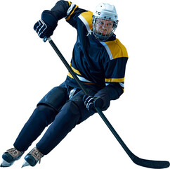 Dynamic defensive hockey move with low center gravity and controlled motion captured on isolated...