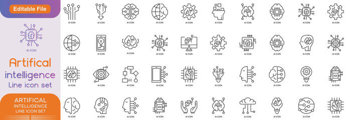 Artificial Intelligence web icons in line style. Innovation technology, virtual, learning, assistant, test, machine, robot, bot, brain, collection. Vector illustration.