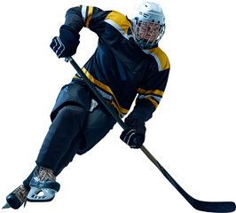 Athlete rushes forward with hockey stick angled for puck control showing forceful sports energy on...