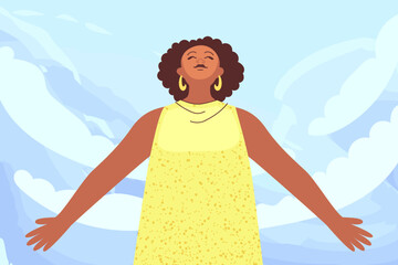 Black woman with open hands, feeling self love, bliss, harmony, positive emotion. Happy calm peaceful girl greets the world. Care, humanity, selfhelp and peace concept. Colored flat illustration