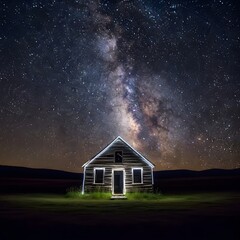 Dilapidated Cabin in Field Beneath Bright Milky Way