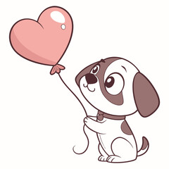 Cute cartoon puppy holding heart balloon vector — love and kindness illustration for kids and greeting cards