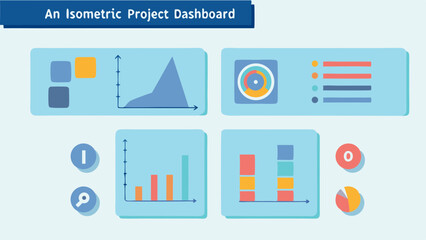 Illustration of a project dashboard with various charts and data representations in a light blue theme color
