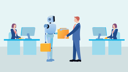 Robot handing a folder to a businessman in an office setting with two women at computers nearby
