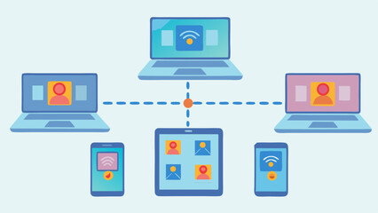 Illustration of connected devices including laptops tablets and smartphones sharing data wirelessly