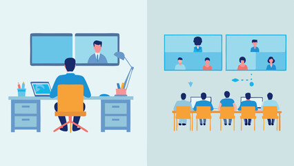 Illustration of people in video conference meetings with desks and computer screens set up at home