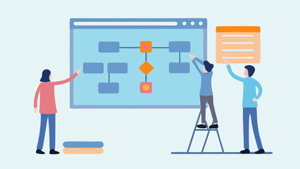 Team collaboration on flowchart with diagram and sticky notes in a light blue environment design